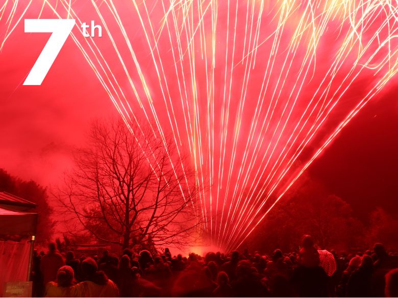 A crowd watches a firework display