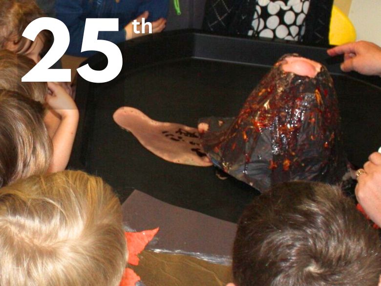 Children look at a volcano model